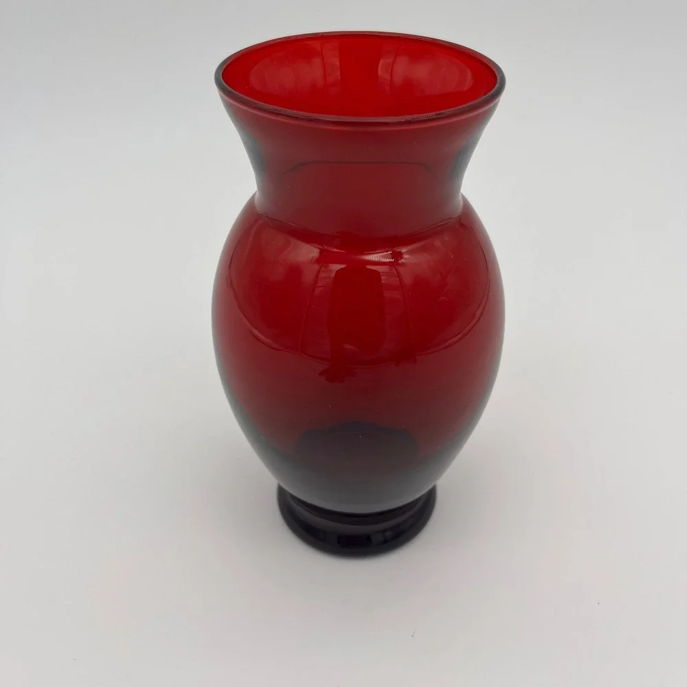 Vintage Ruby Red Glass Vase Urn Shape Flared Rim Pedestal Base Decorative Vessel